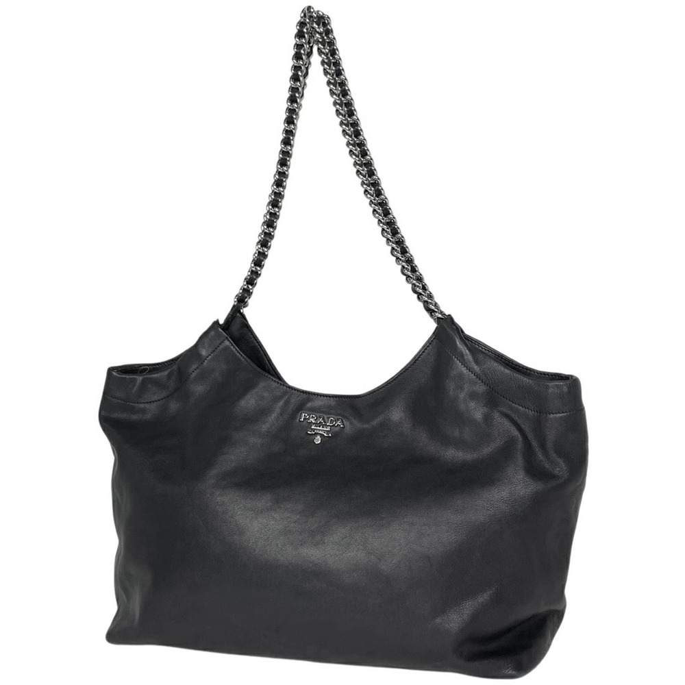 Prada logo chain tote bag shoulder leather black Nero Black